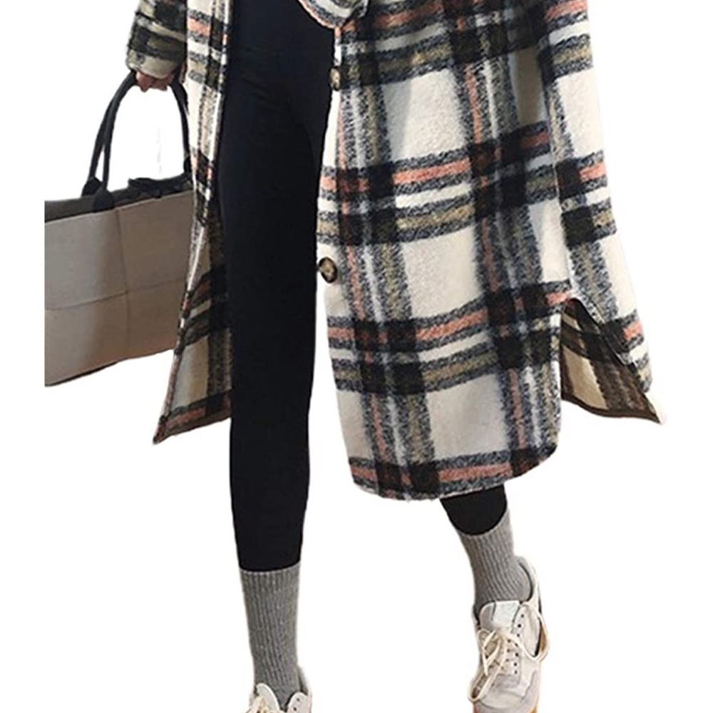 CHARTOU Women's Lightweight Spread Collar Wool Blend Plaid Midi Long